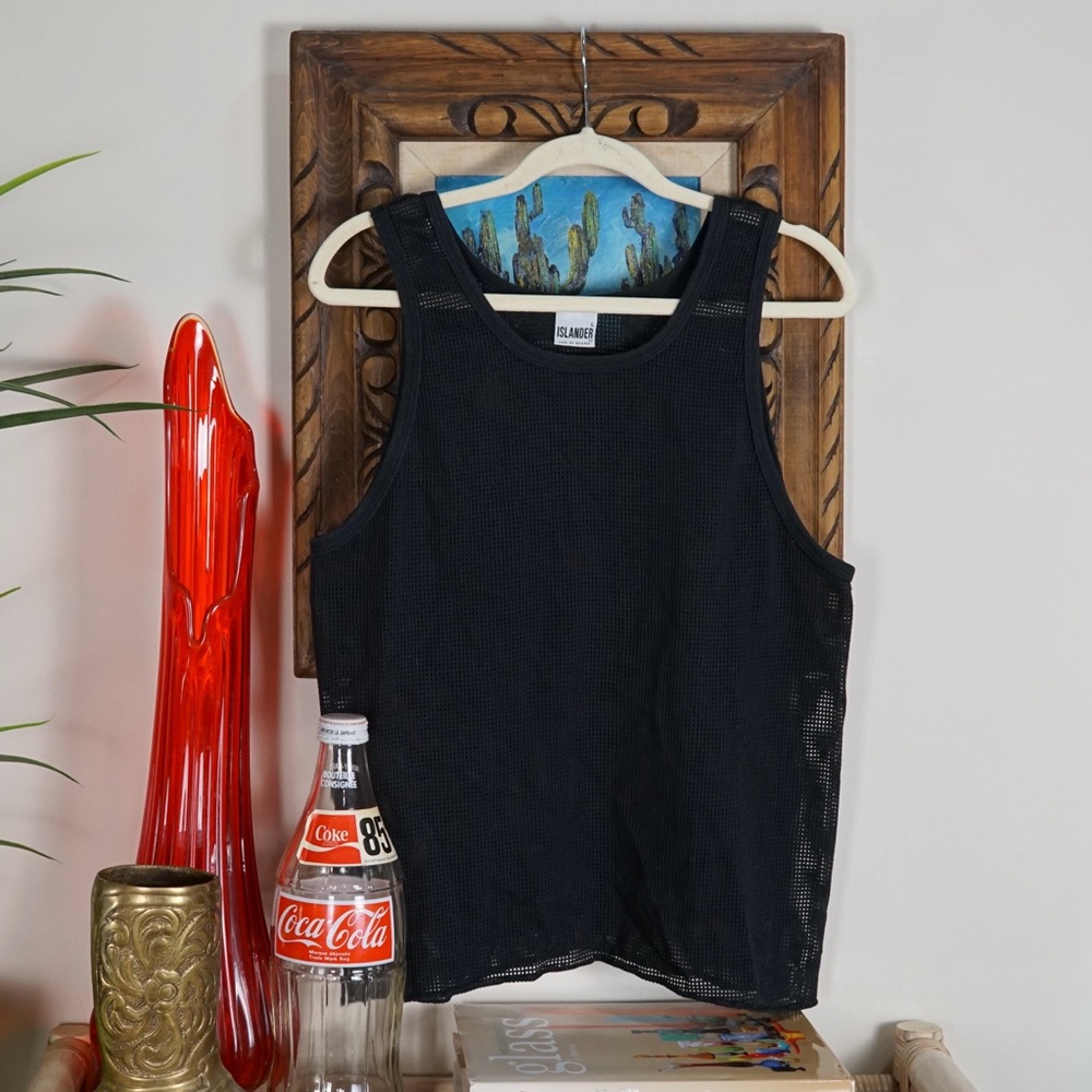 Vintage 90s Islander black mesh tank top beach cover up L